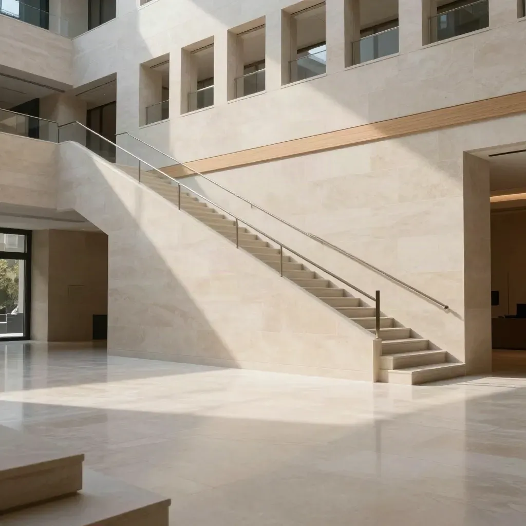 Lichtdurchflutetes Kalksteinatrium mit Treppe, Metallgeländer und Spiegelungen