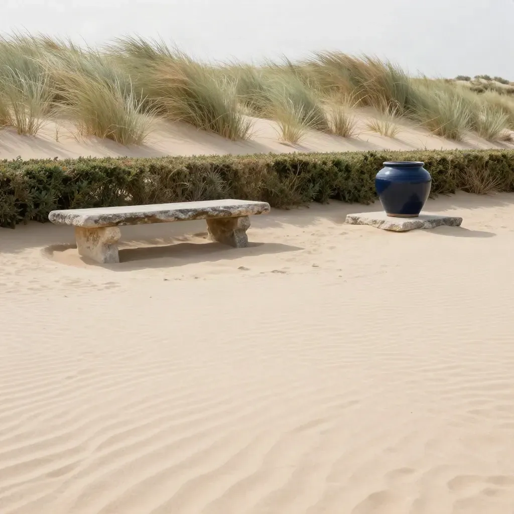 Düne mit Steinbank und Heckenlinie im Wind, viel ruhiger Sandraum für Text