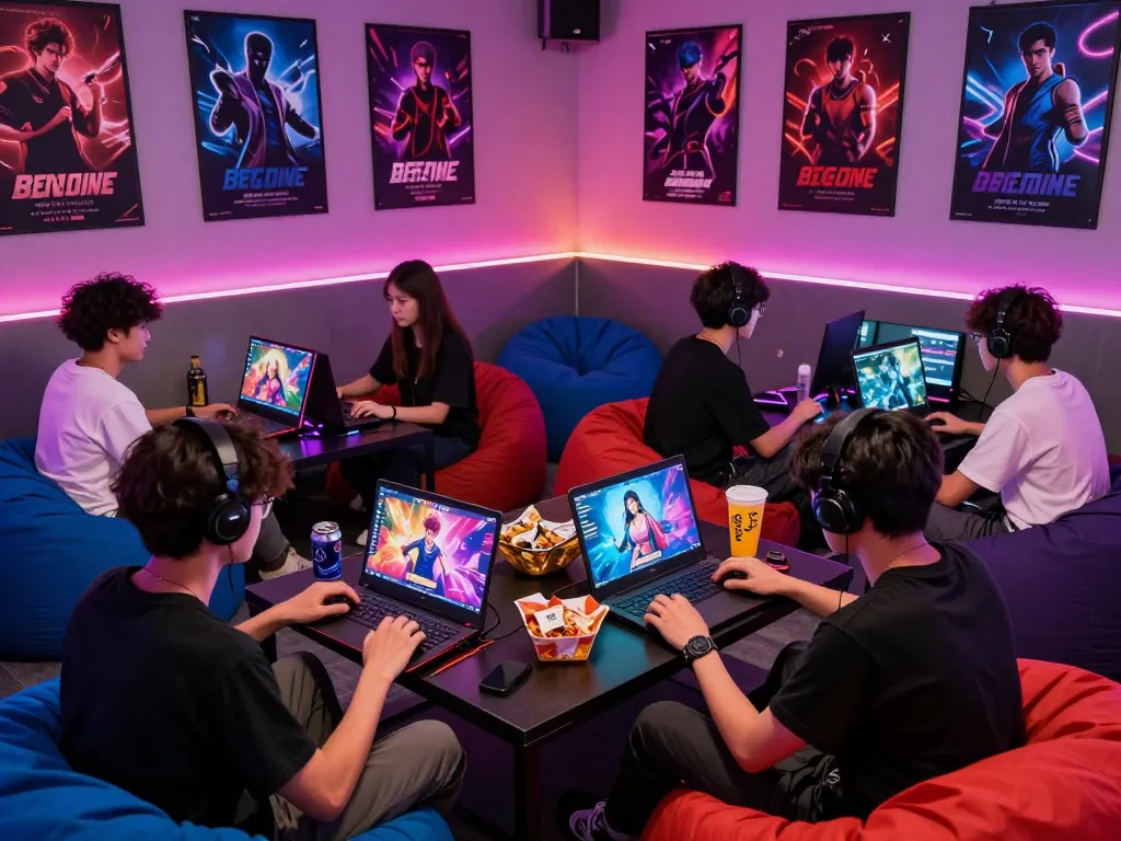 Group of gamers enjoying popular porn ganes in a vibrant lounge filled with colorful graphics and snacks.