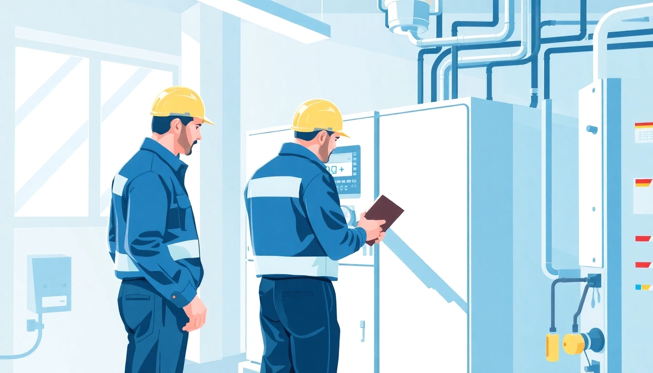 Technicians conducting a DGUV V3 Prüfung on equipment, ensuring workplace safety