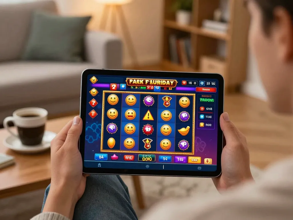 Player engaging with QQ88COM online slots on a tablet in a cozy home setting