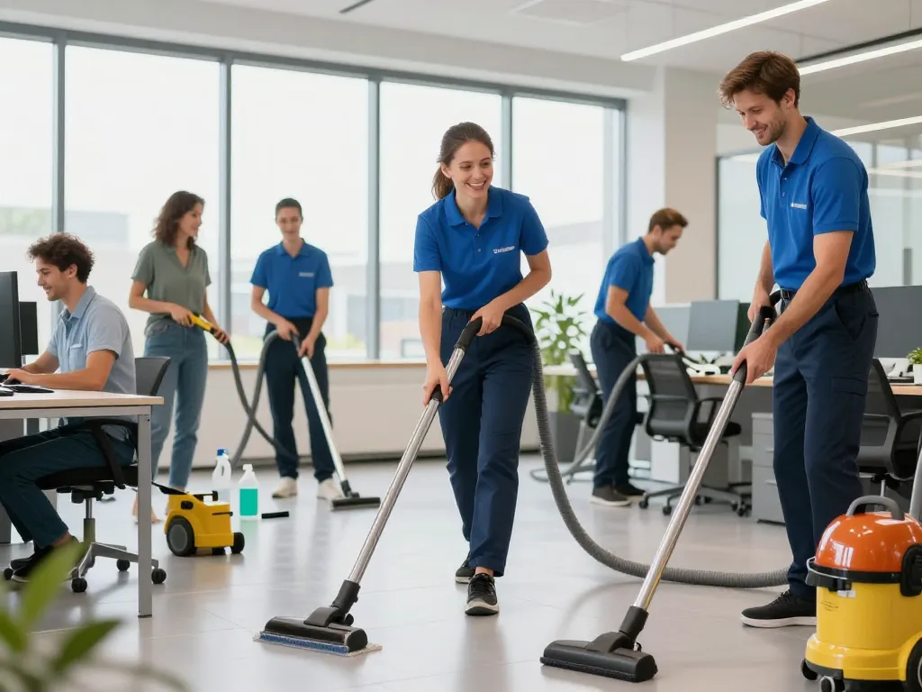 Professionelles Team, das Gebäudereinigung – Münster & Umgebung Dienstleistungen in einem hellen Büro anbietet.