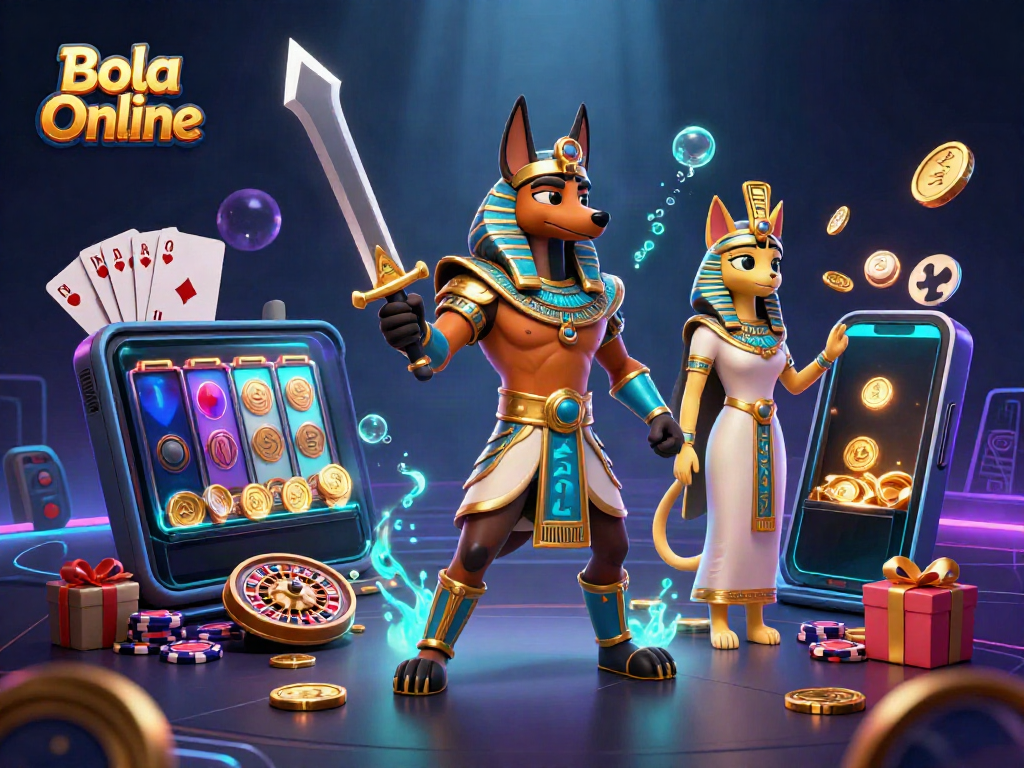 Bola Online showcases an engaging gaming scene with dynamic slot game elements and ancient Egyptian characters.