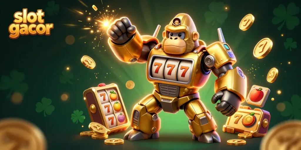 Experience the excitement of slot gacor with a dynamic golden gorilla mech and spinning reels in this thrilling illustration.