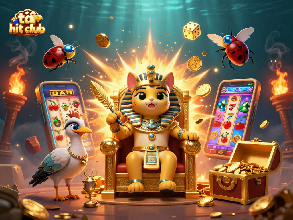 Experience gameplay excitement with tải hit club in this vibrant casino scene featuring a pharaoh cat.