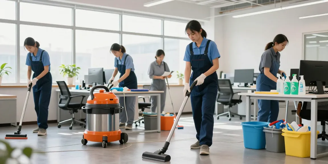Professional cleaning team performing gebaeudereinigung solothurn in a bright, modern office environment, showcasing teamwork and a clean workspace.