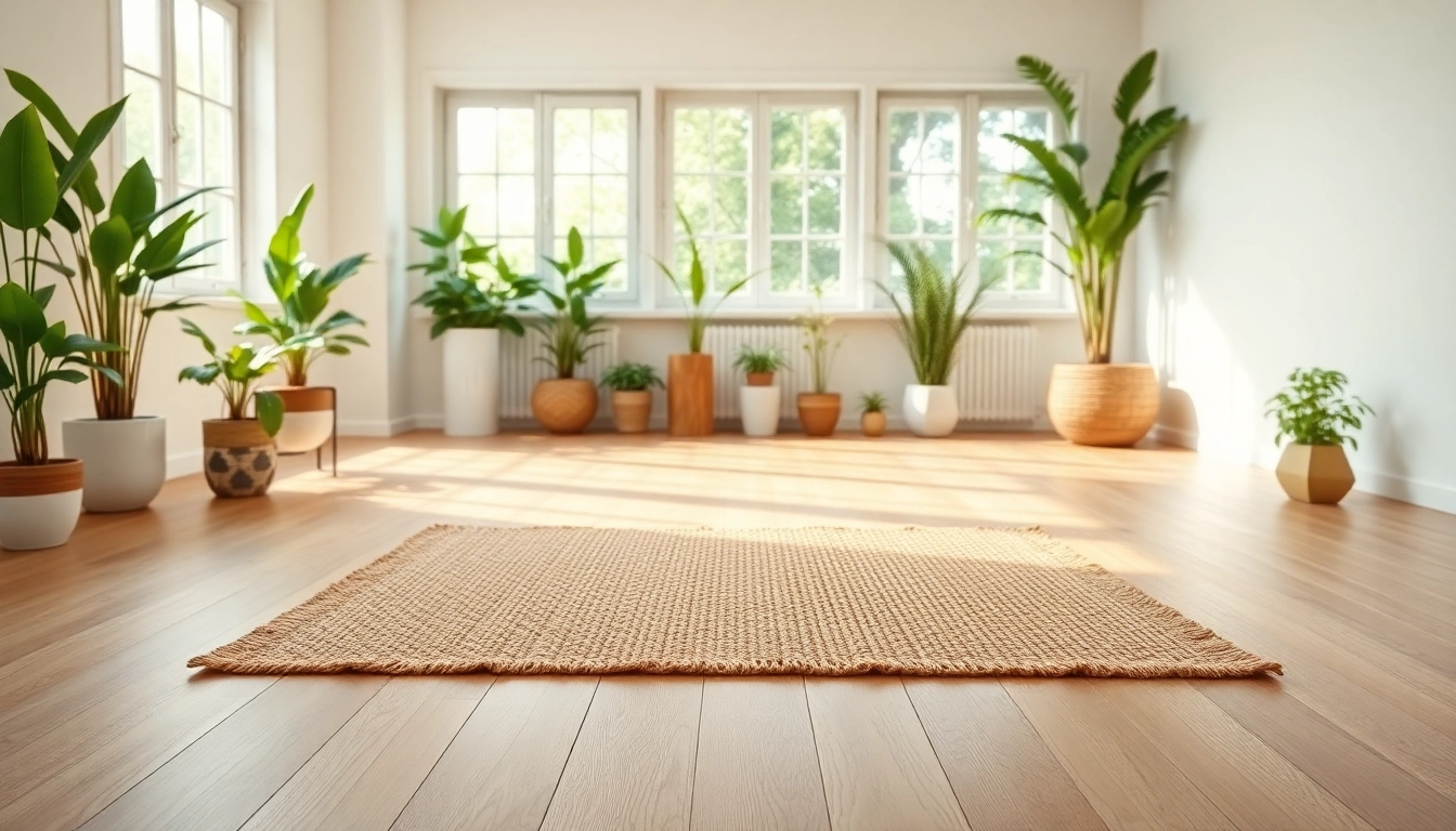 Hanfmatte auf einem Holzfußboden mit Pflanzen im Hintergrund, die einen nachhaltigen Lifestyle betonen.