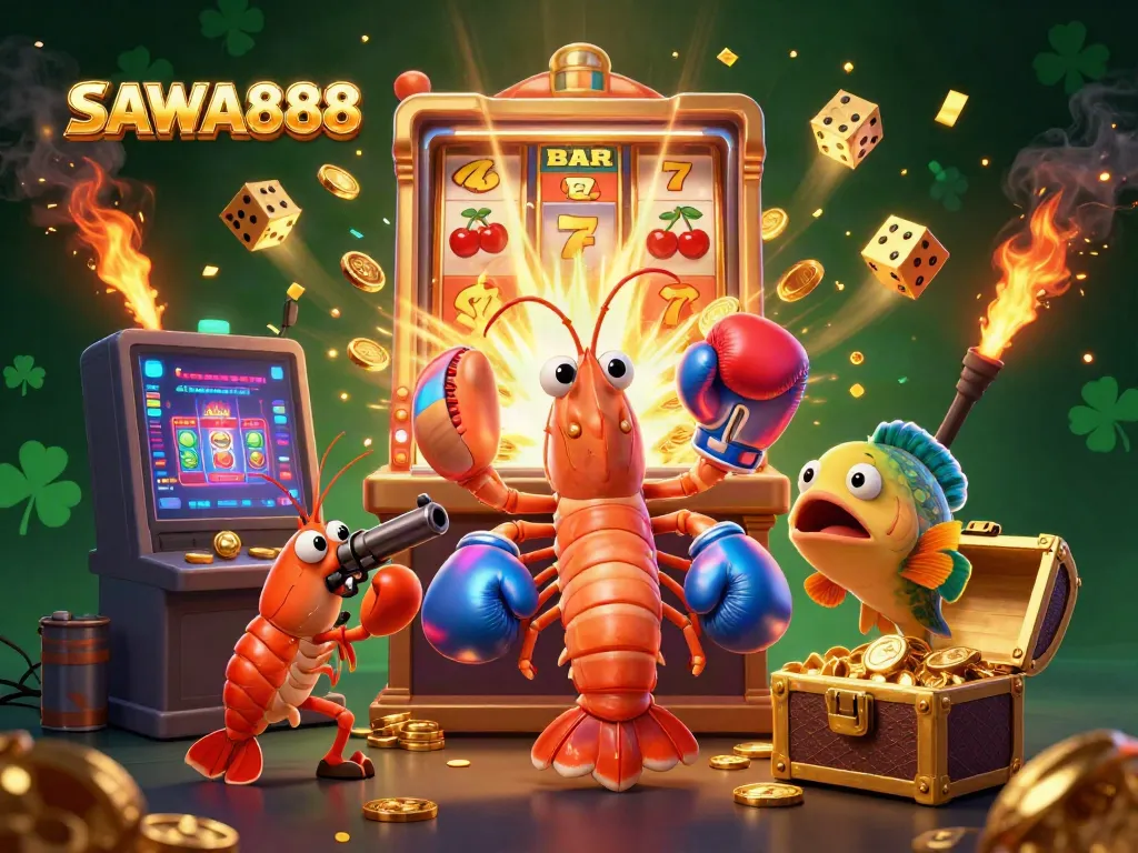 SAWA888 showcases a vibrant 3D mantis shrimp celebrating a big win beside dynamic casino elements.