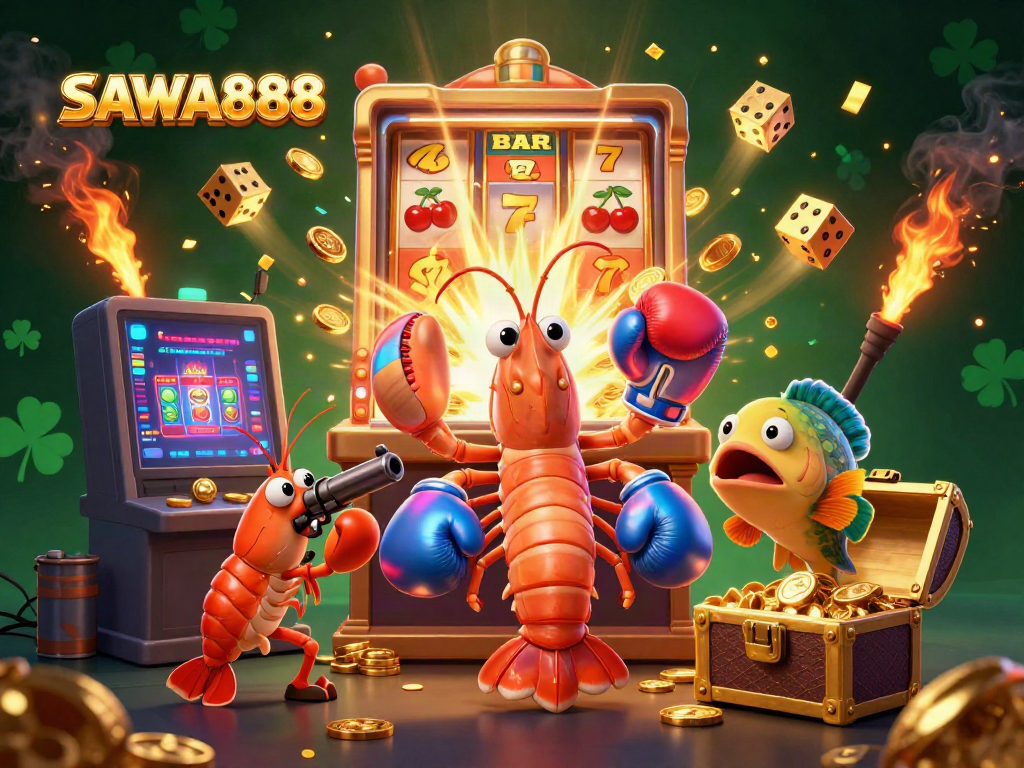 SAWA888 showcases a vibrant 3D mantis shrimp celebrating a big win beside dynamic casino elements.