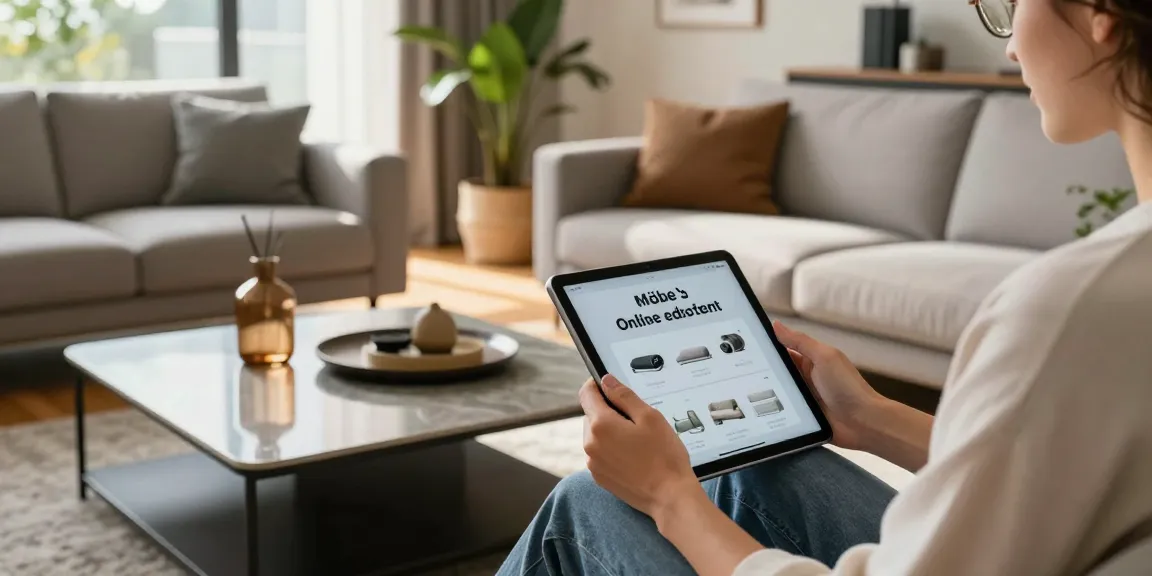 Eine gemütliche Wohnzimmer-Szene, die stilvolle Möbel zeigt, während Optionen zum Möbel Online Bestellen erkundet werden.