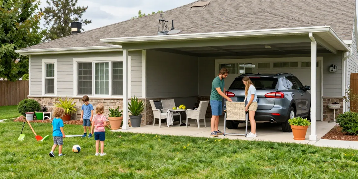 Moderne Carport-Lösung mit Familie im Garten, schützend für Autos und stilvoll gestaltet.