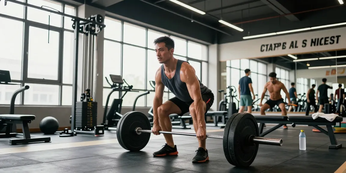 Mann, der in einem hellen Fitnessstudio bei Anabolika Shop Deutschland Gewichte hebt und seine Fitness-Dedikation sowie Energie zeigt.
