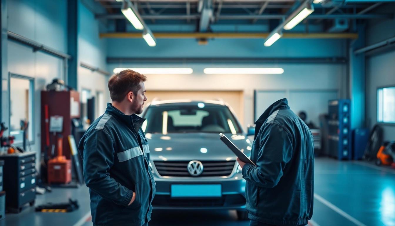 Fahrer bei einer Fahrzeuginspektion gemäß DGUV 70 mit Sicherheitswerkzeugen in einer modernen Werkstatt.