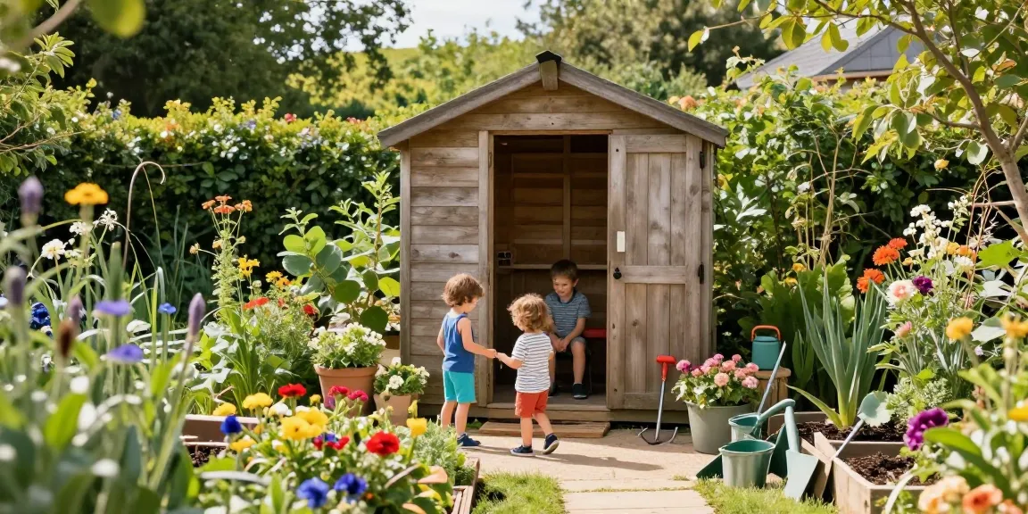 Gartenhaus kaufen: Ein einladender Garten mit Holz-Gartenhaus, spielenden Kindern und blühenden Pflanzen.