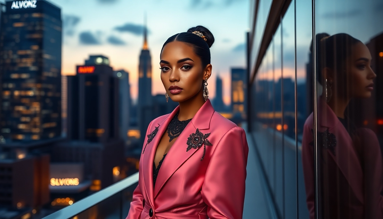 Showcasing Alvionz luxurious fashion, this model radiates elegance in a chic urban setting.