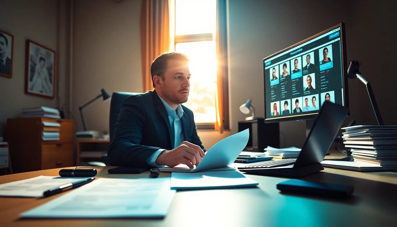 Headhunter IT at a desk reviewing resumes to connect talent with opportunities.
