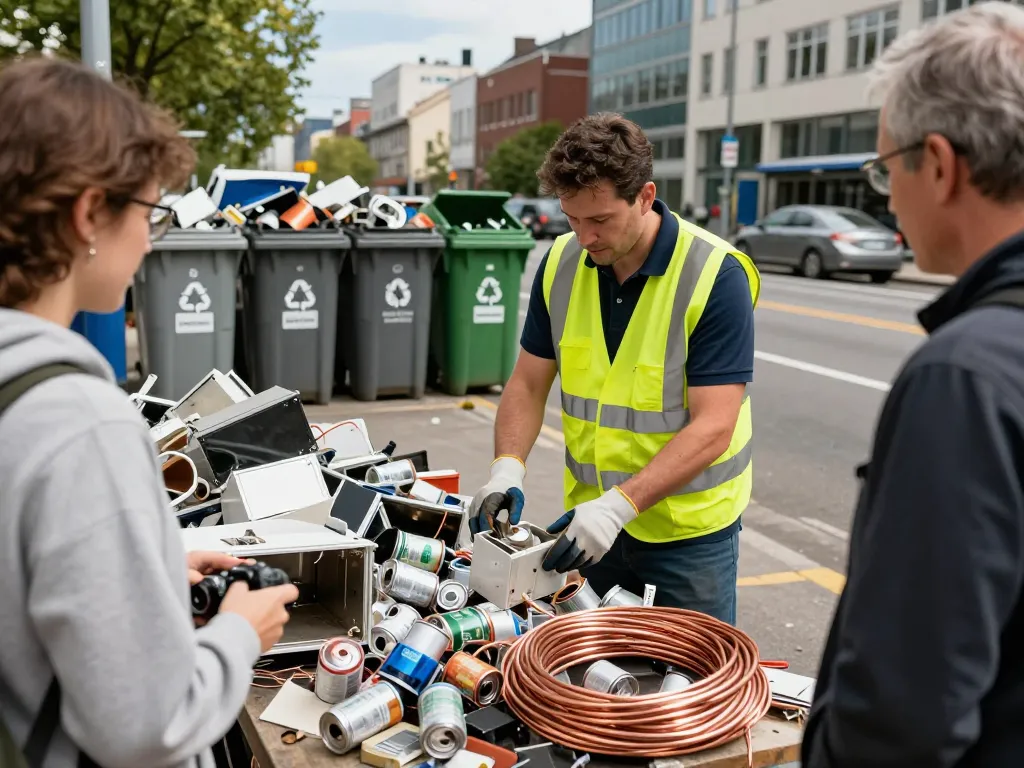 Professioneller Schrotthändler, der mit Kunden in einer städtischen Recycling-Szene umgeben von verschiedenen Metallschrott interagiert.