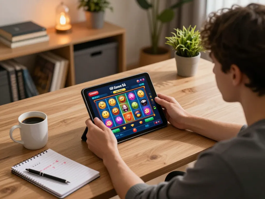 The user enjoys playing 68 Game Bài's exciting slot games on a tablet in a cozy home setting, highlighting online gambling's accessibility.
