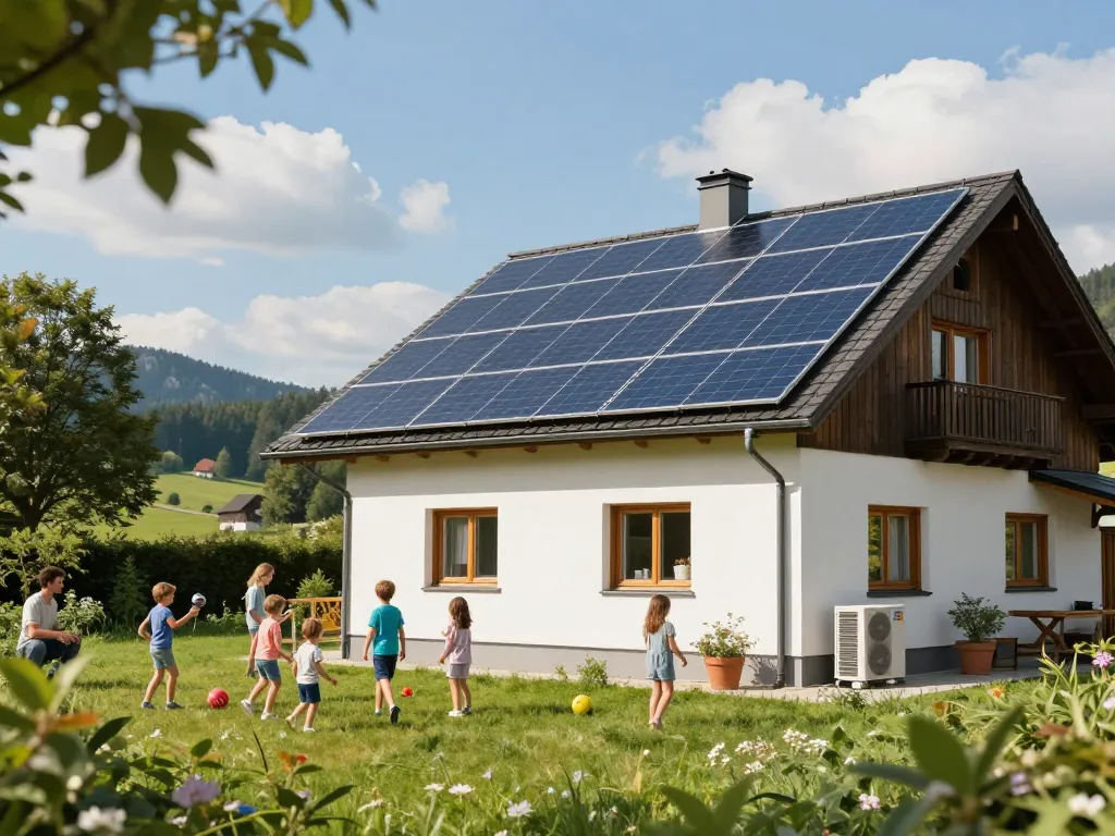 Photovoltaik Bayern präsentiert in einem familienfreundlichen Zuhause mit Solarpanelen und einer Wärmepumpe in einer üppigen bayerischen Landschaft.