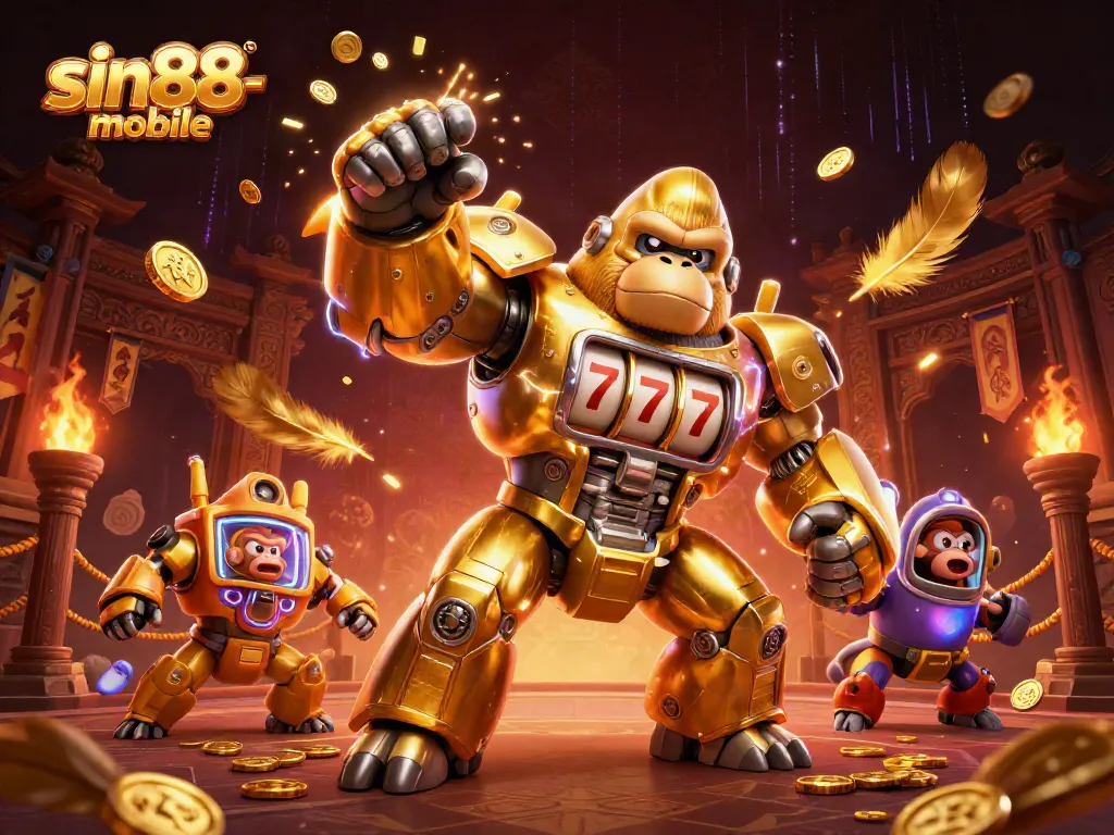 Experience thrilling wins at sin88-mobile with a dynamic golden gorilla mech surrounded by exciting casino elements.