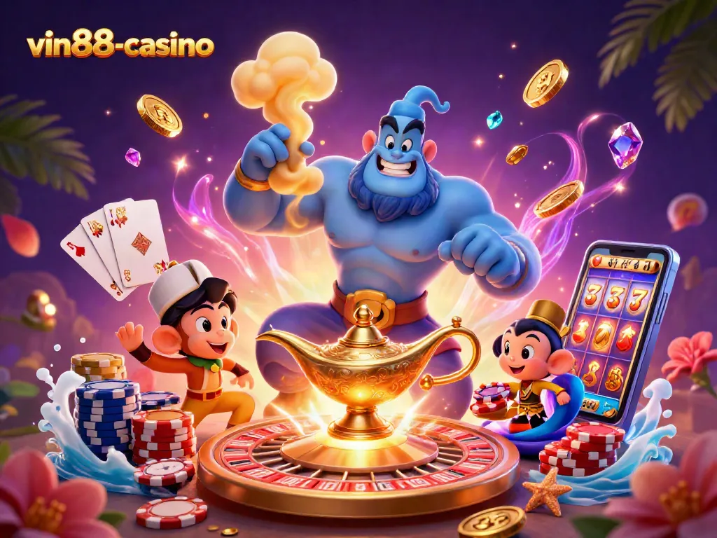 Win big at vin88-casino with an enchanting 3D illustration featuring a genie, monkey, and casino elements.