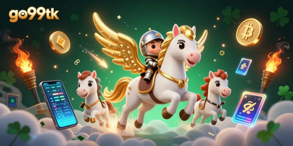 Experience thrilling adventures with go99tk as a celestial knight rides to victory amidst 3D casino elements.