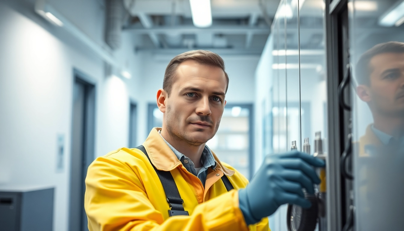 Technician performing a DGUV V3 Prüfung on electrical devices in a modern office environment