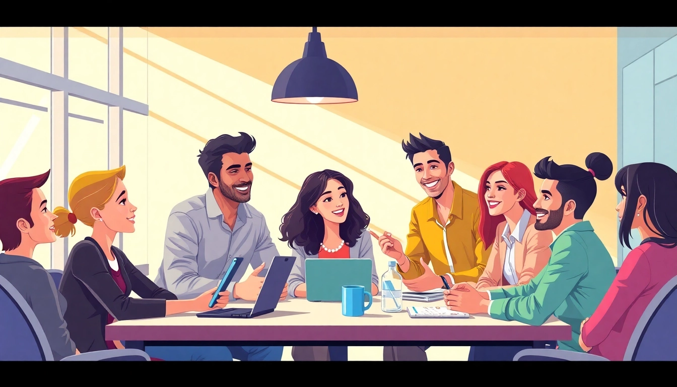 Visualize an effective social-media-marketingstrategie session with professionals collaborating in a bright office.