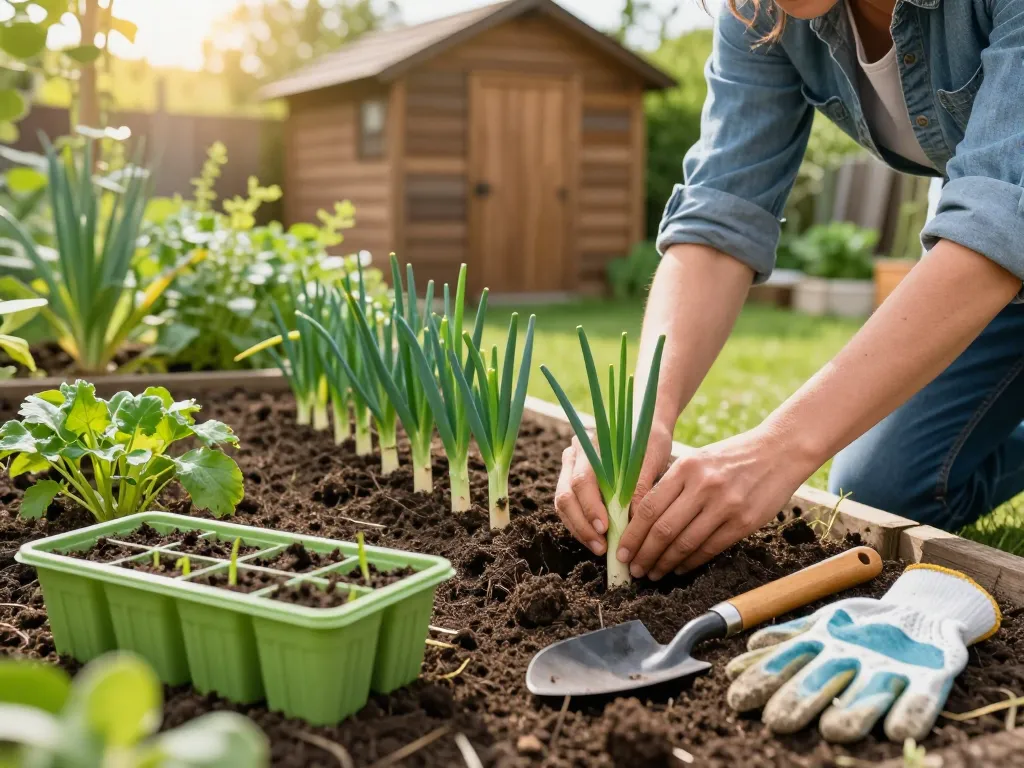 Gardener planting porree jungpflanzen in a sunny backyard garden.