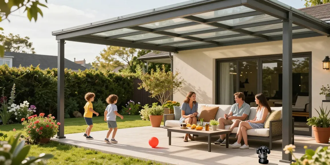 Moderne Terrassenüberdachung schützt Terrasse bei Sonnenschein und bietet Platz für eine Familie.