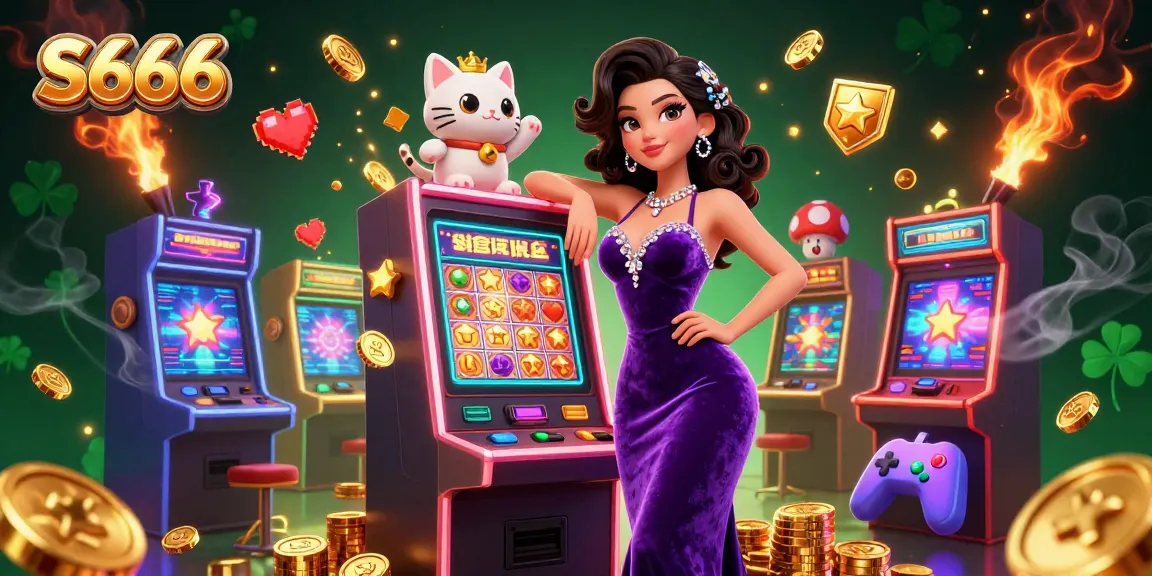 Experience the thrilling S666 online casino with a glamorous woman and a cartoon fortune cat at a jackpot slot machine.