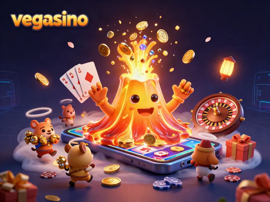 Play exciting slot games at vegasino with treasures erupting from a volcano in a vibrant scene.