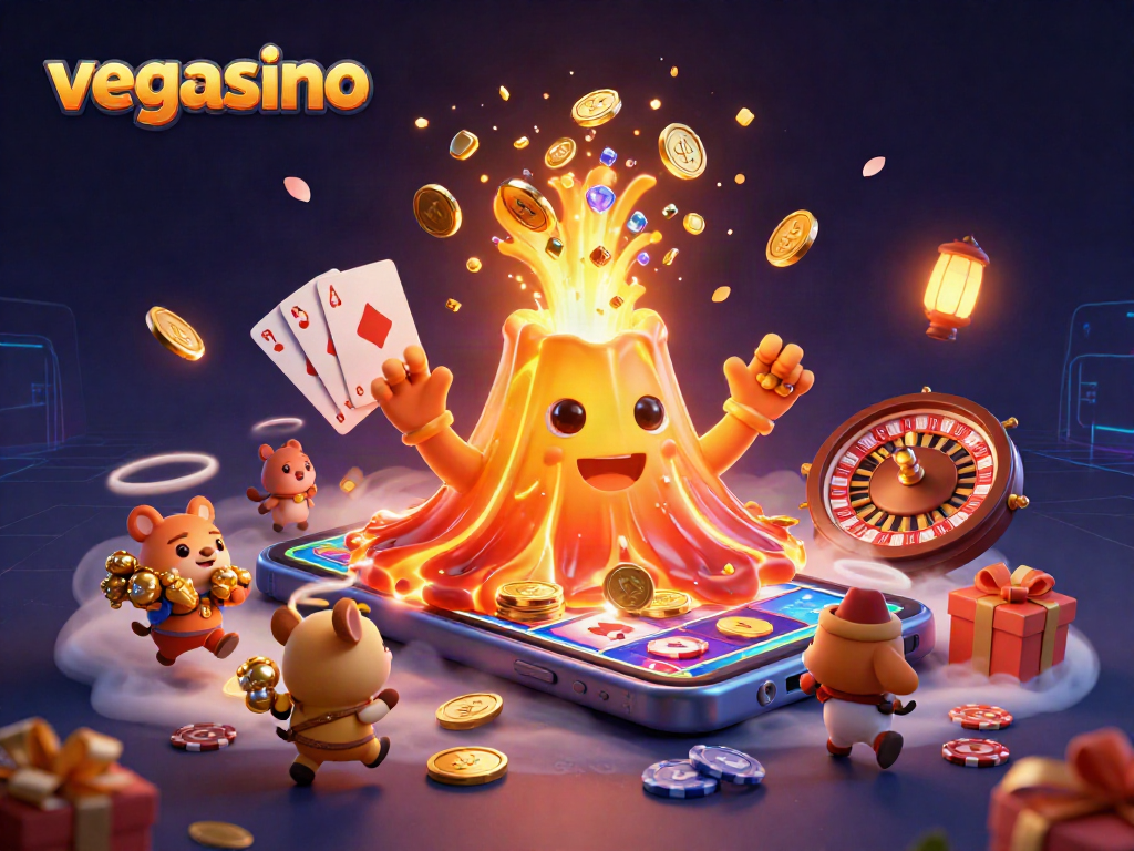 Play exciting slot games at vegasino with treasures erupting from a volcano in a vibrant scene.