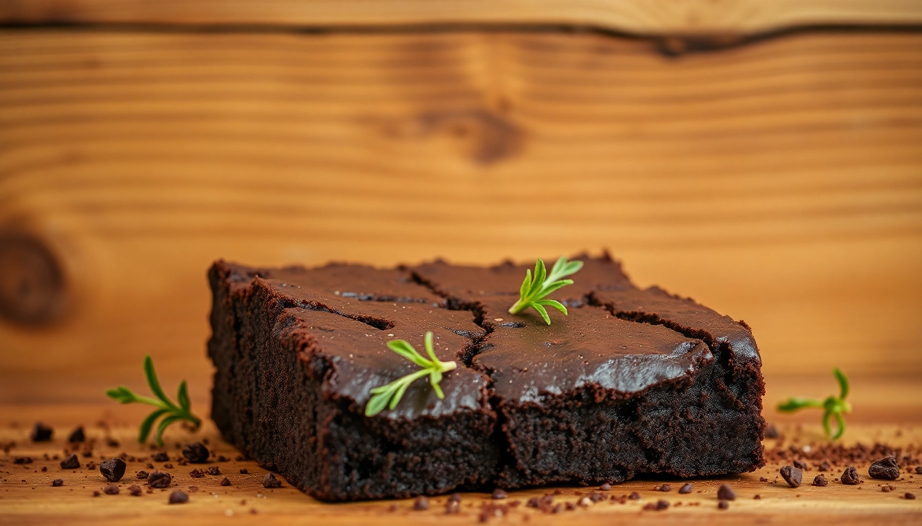 Backen von Bud brownies, frisch aus dem Ofen, mit dekorativen Kräutern und einer rustikalen Holzoberfläche.