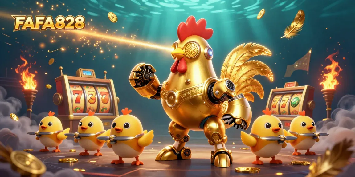 Engage with FAFA828's dynamic casino experience featuring a golden rooster robot and slot elements.