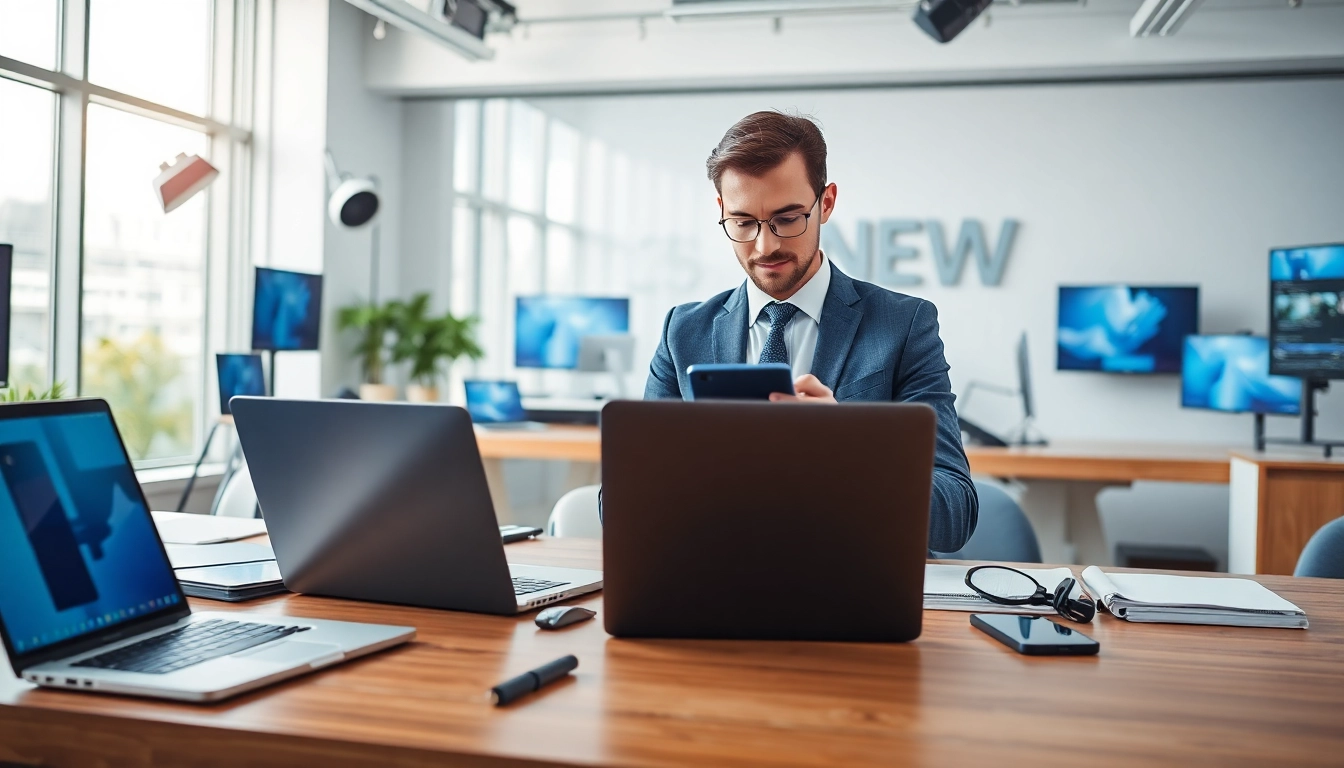 Aktuelle Meldungen am modernen Nachrichtenschreibtisch mit digitalen Geräten und aktiver Person.