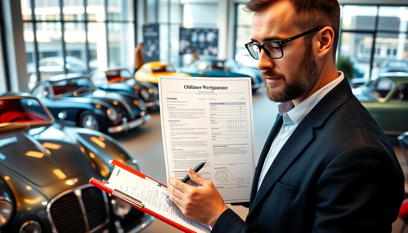 Oldtimer Wertgutachten: Expert evaluating a classic car in a bright office.