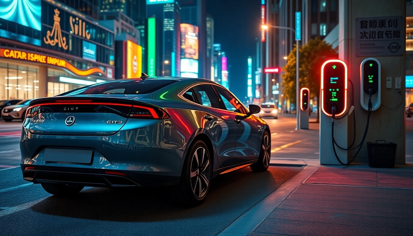 Das Elektroautos wird an einer modernen Ladestation in einer pulsierenden Stadt aufgeladen.