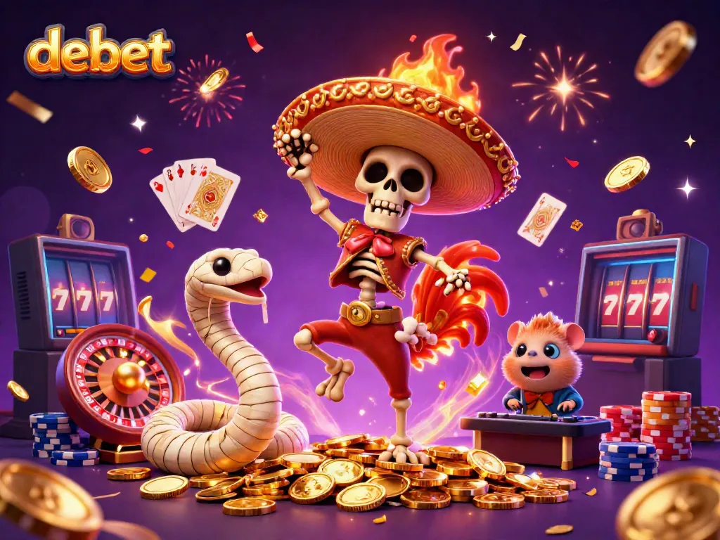 Experience debet's lively casino atmosphere with a mariachi rooster and vibrant gaming elements.