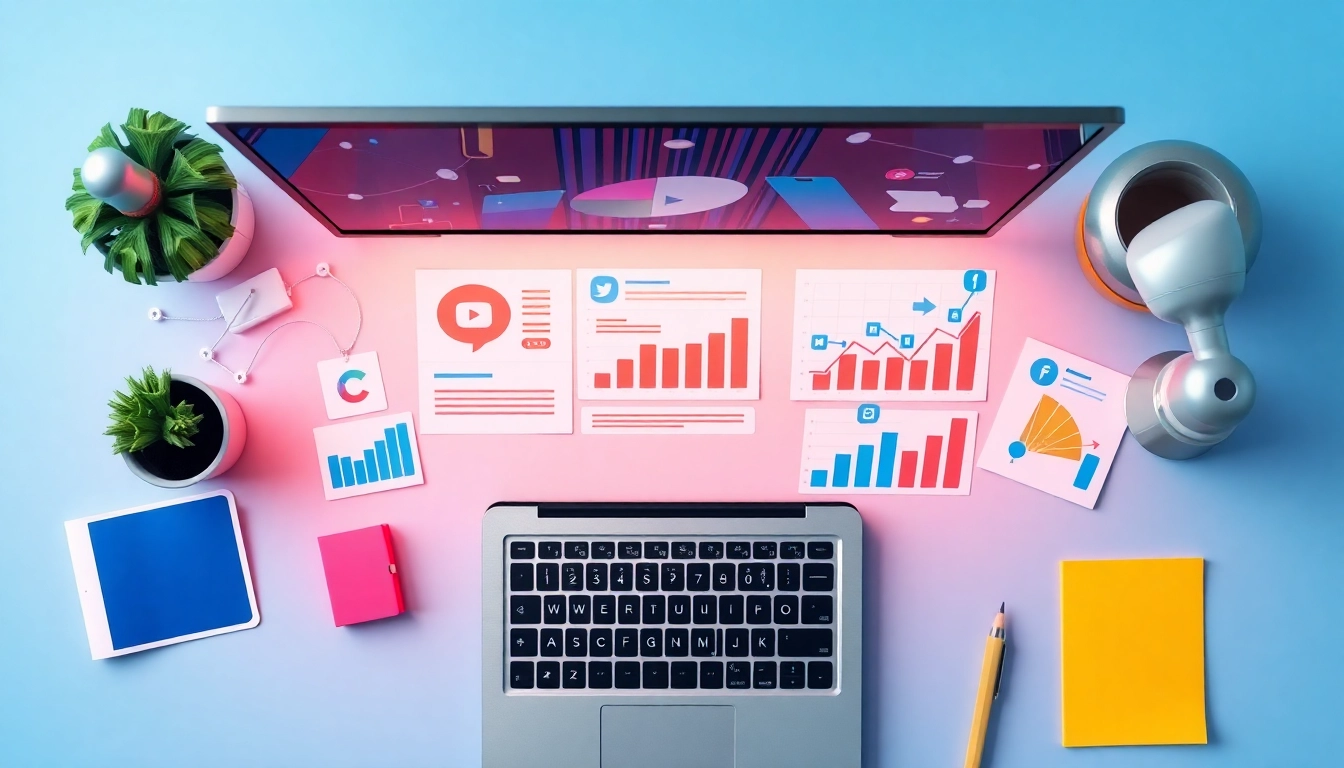 Visualize social-media-marketingstrategien through a digital workspace featuring social media icons and analytics.