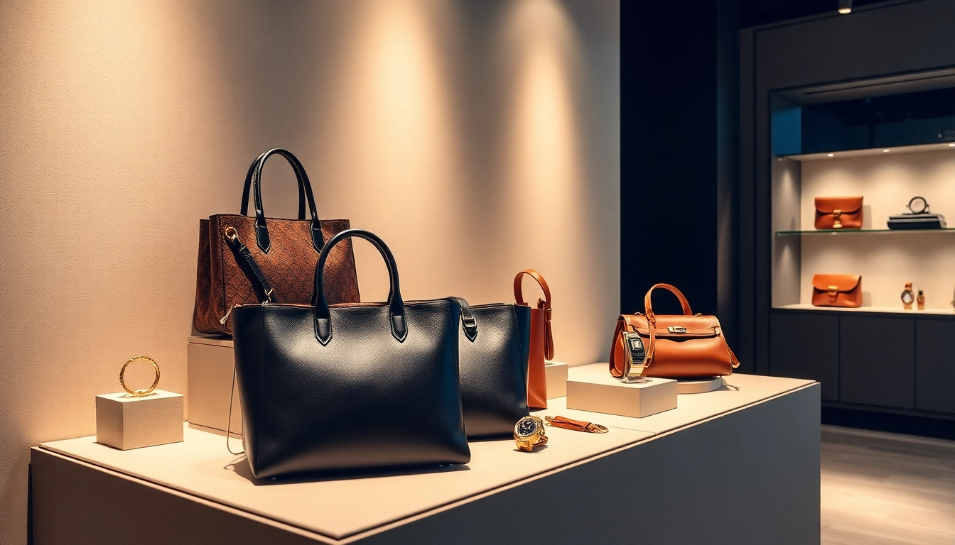 Showcasing luxury handbags and watches in an elegant boutique setting to convey opulence and style.
