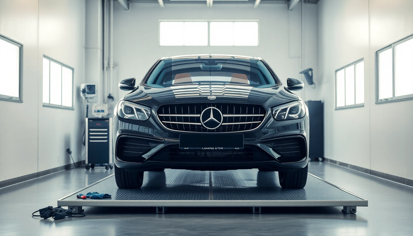 Die professionelle Leasing Rückgabe Vorbereitung München zeigt ein elegantes Auto in einer modernen Werkstatt, umgeben von Reinigungsequipment.