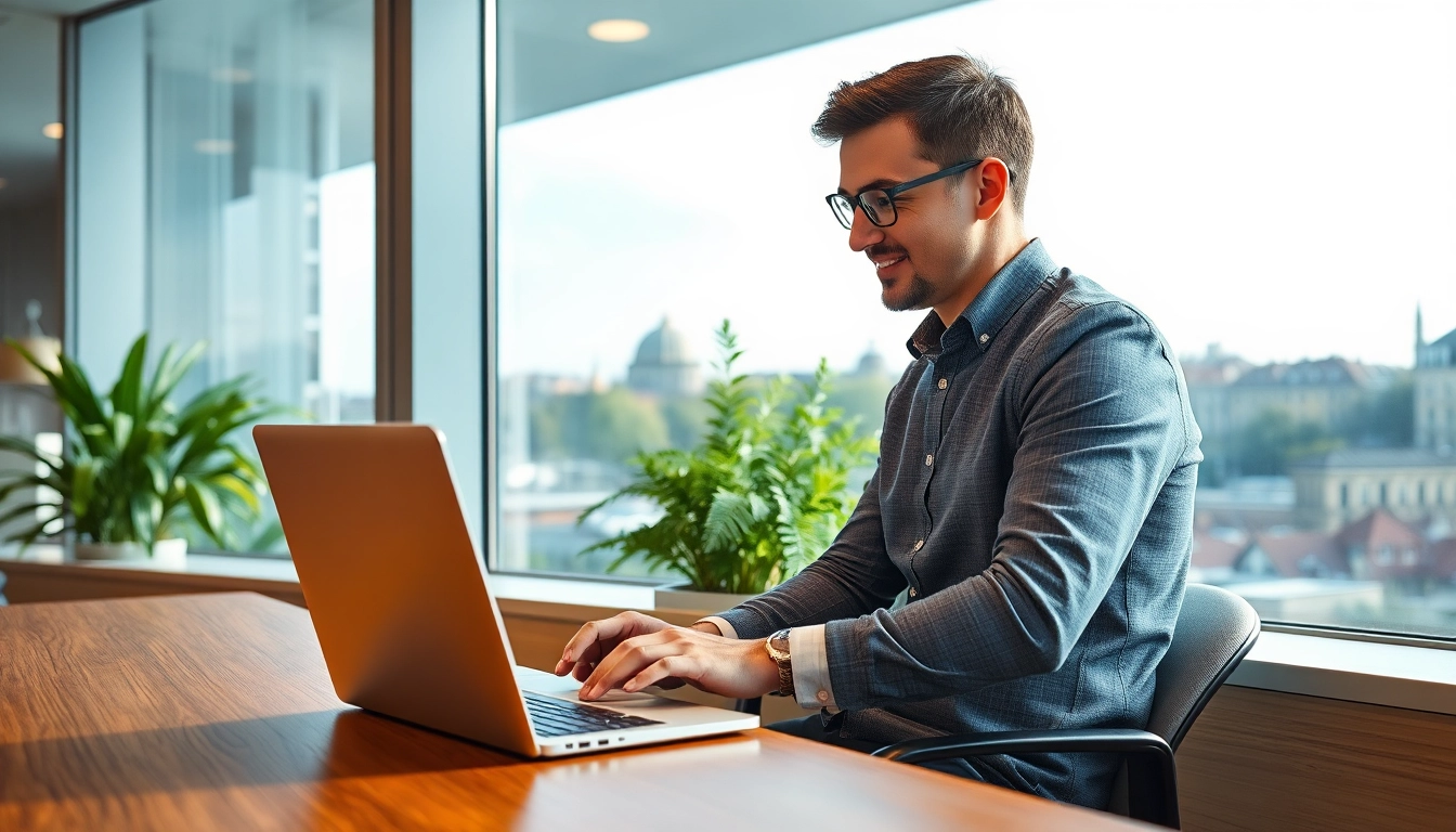 Headhunter Saarbrücken arbeitet konzentriert an einem Laptop in modernem Büro mit Stadtblick.