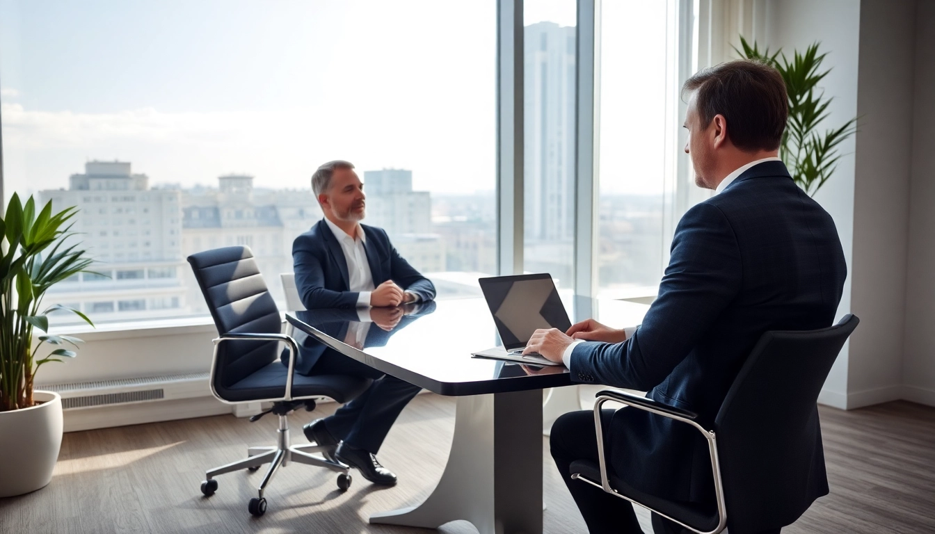 Interaktion zwischen einem Headhunter und einem Kandidaten im Büro in Chemnitz, symbolisiert Professionalität und Karrierechancen.