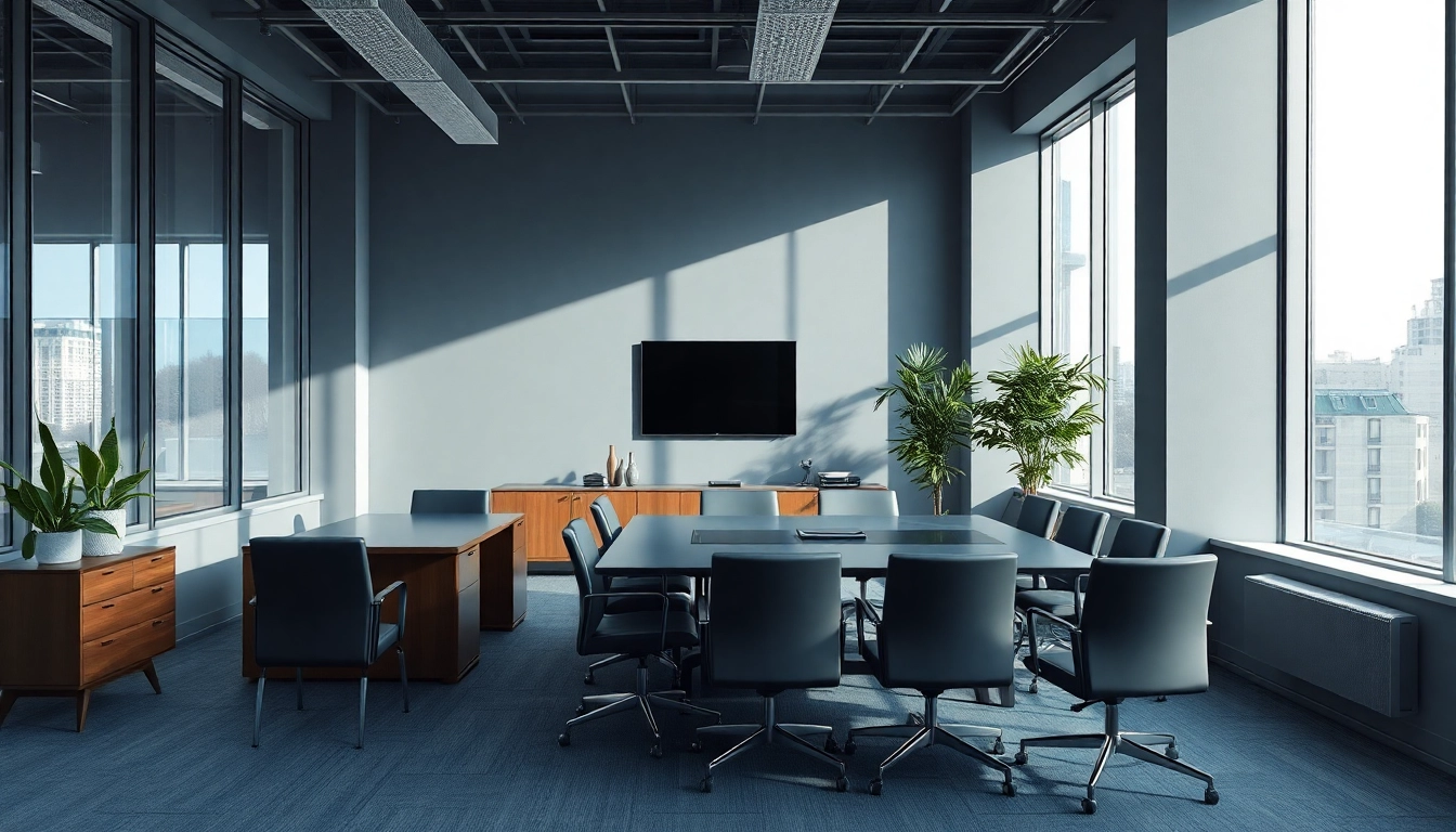 Illustration eines modernen Büros in einer Headhunter Agentur mit eleganten Möbeln und Tageslicht.