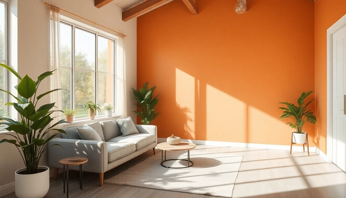 Entwurf einer stilvollen Raumgestaltung mit hellen Farben, Pflanzen und moderner Sitzgelegenheit.