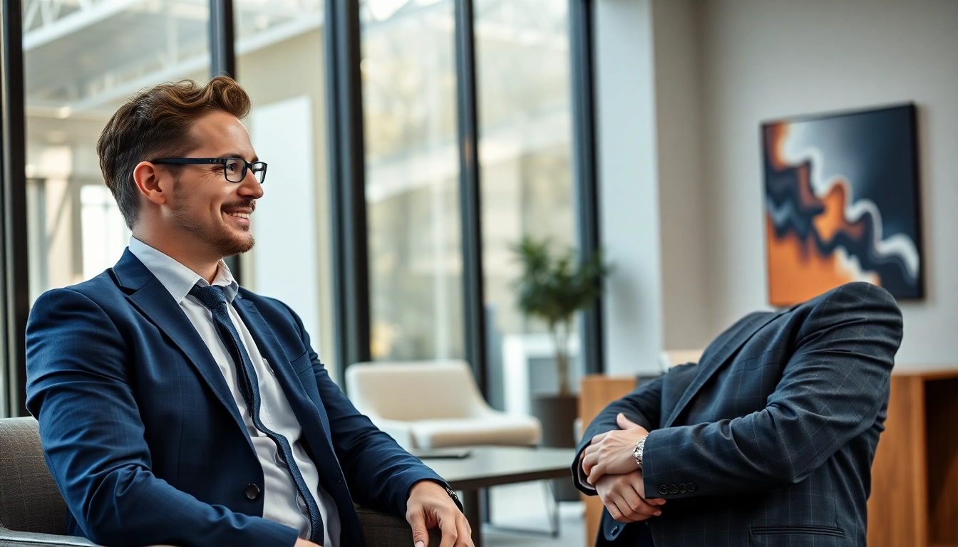 Branchenerfahrener Headhunter Geschäftsführer im inspirierenden Bürogespräch zur Kandidatensuche.