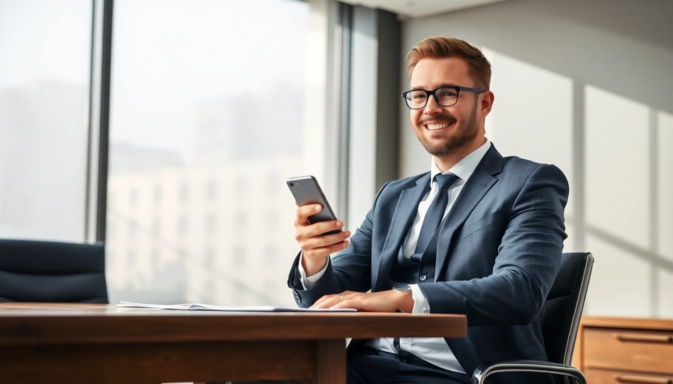 Dynamischer Headhunter CEO arbeitet an seinem Schreibtisch mit Smartphone, strahlt Fachkompetenz aus.