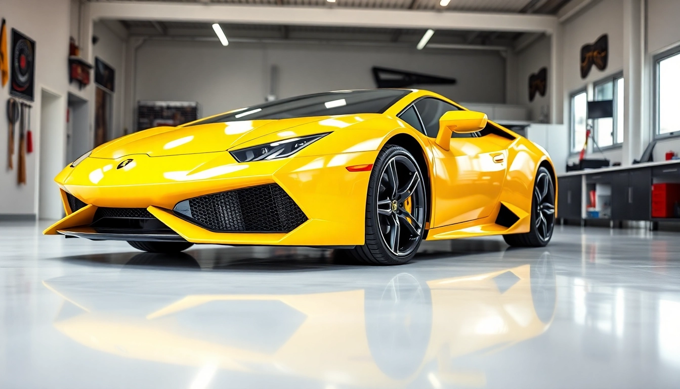 Detailansicht von Lamborghini PPF München auf einem gelben Lamborghini in einer modernen Werkstatt.