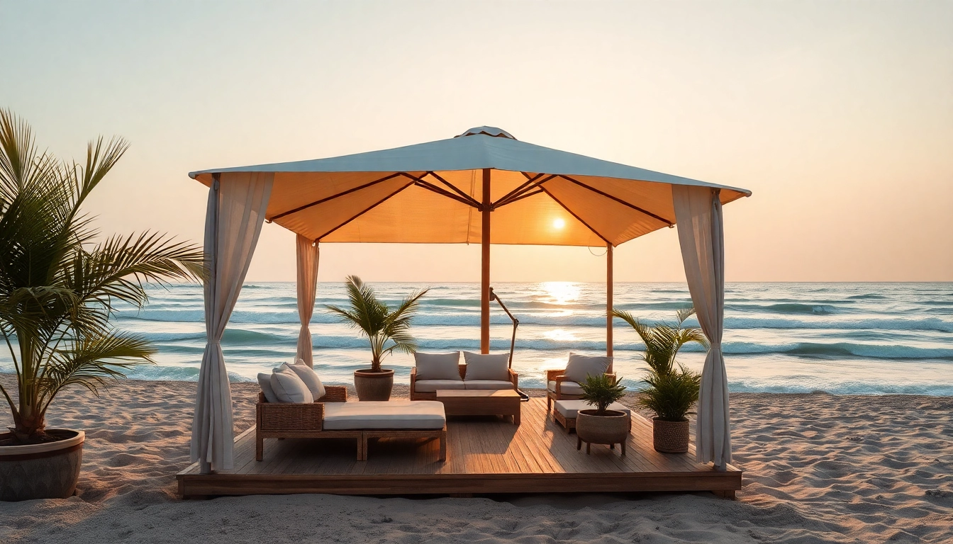 Entspannen Sie im Küsten-Cabana mit Blick auf den Sonnenuntergang am Strand, wo Komfort auf Eleganz trifft.